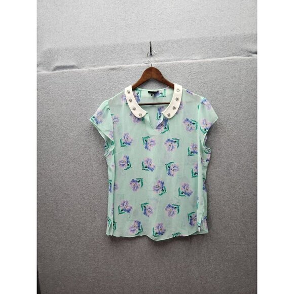 I ♥ Ronson Womens XL Mint Floral Print Blouse With Embellished Collar Cap Sleeve - Picture 1 of 7